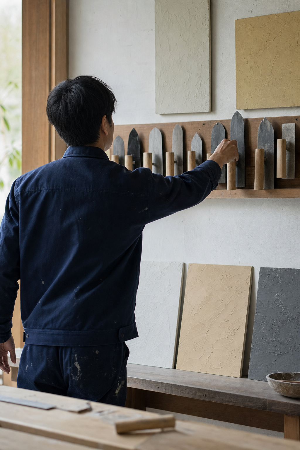 工房で鏝を選ぶ左官職人のイメージ